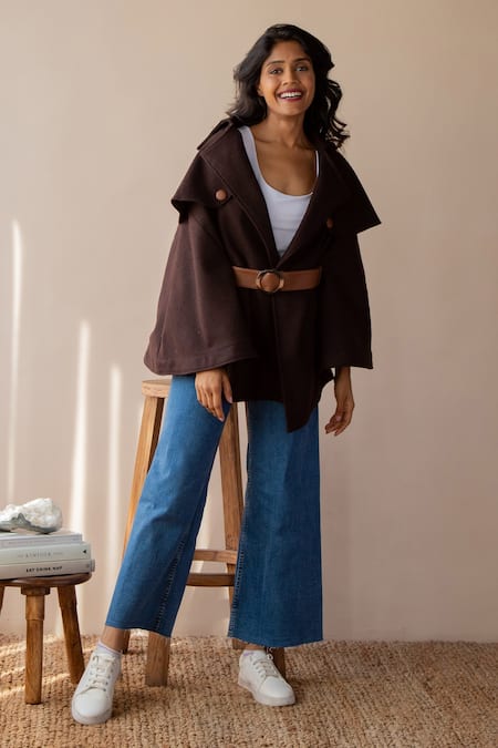 Shop_Rhe-Ana_Brown Poly , Wool Blend Shirt Collar Jaz Cape _Online_at_Aza_Fashions