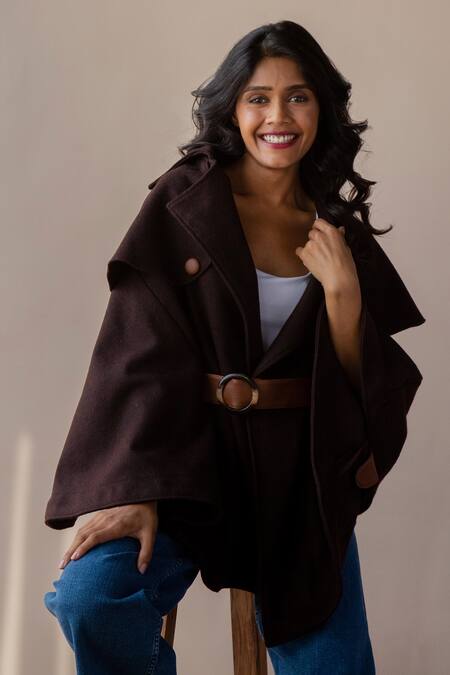 Rhe-Ana_Brown Poly , Wool Blend Shirt Collar Jaz Cape _at_Aza_Fashions