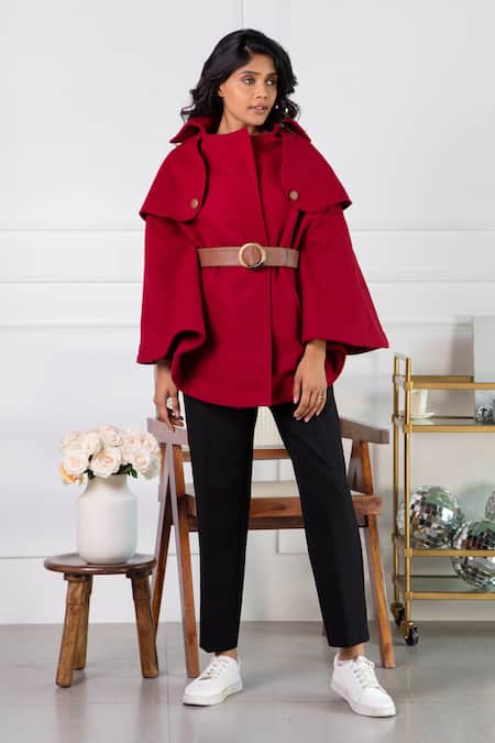 Shop Rhe-Ana Maroon Poly , Wool Blend Shirt Collar Jaz Cape at Aza Fashions Shop_Rhe-Ana_Maroon Poly , Wool Blend Shirt Collar Jaz Cape _at_Aza_Fashions