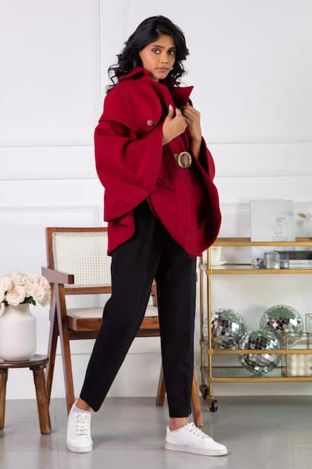 Rhe-Ana Maroon Poly , Wool Blend Shirt Collar Jaz Cape Online at Aza Fashions Rhe-Ana_Maroon Poly , Wool Blend Shirt Collar Jaz Cape _Online_at_Aza_Fashions