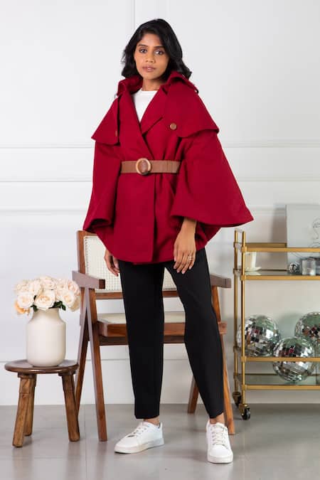 Buy Rhe-Ana Maroon Poly , Wool Blend Shirt Collar Jaz Cape Online at Aza Fashions Buy_Rhe-Ana_Maroon Poly , Wool Blend Shirt Collar Jaz Cape _Online_at_Aza_Fashions
