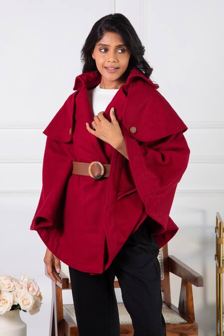 Shop Rhe-Ana Maroon Poly , Wool Blend Shirt Collar Jaz Cape Online at Aza Fashions Shop_Rhe-Ana_Maroon Poly , Wool Blend Shirt Collar Jaz Cape _Online_at_Aza_Fashions