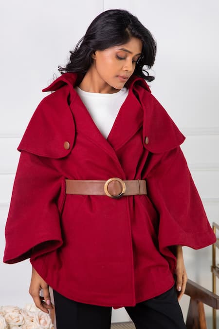 Rhe-Ana Maroon Poly , Wool Blend Shirt Collar Jaz Cape at Aza Fashions Rhe-Ana_Maroon Poly , Wool Blend Shirt Collar Jaz Cape _at_Aza_Fashions