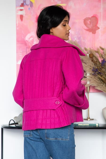 Shop Rhe-Ana Pink 80% Wool Blend Plain Spread Collar Goya Short Jacket at Aza Fashions Shop_Rhe-Ana_Pink 80% Wool Blend Plain Spread Collar Goya Short Jacket _at_Aza_Fashions