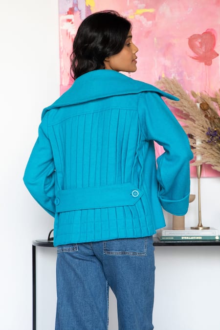 Shop Rhe-Ana Blue 80% Wool Blend Plain Spread Collar Goya Short Jacket at Aza Fashions Shop_Rhe-Ana_Blue 80% Wool Blend Plain Spread Collar Goya Short Jacket _at_Aza_Fashions