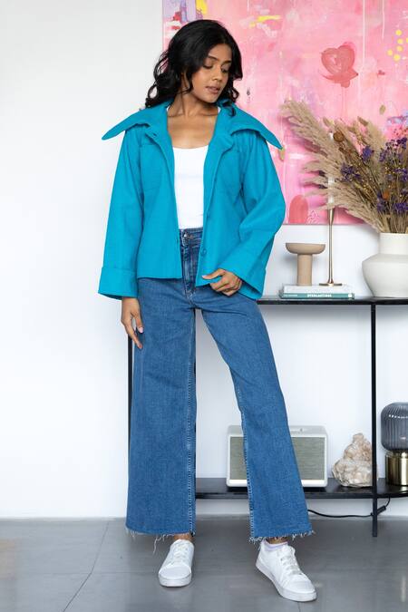 Rhe-Ana Blue 80% Wool Blend Plain Spread Collar Goya Short Jacket Online at Aza Fashions Rhe-Ana_Blue 80% Wool Blend Plain Spread Collar Goya Short Jacket _Online_at_Aza_Fashions