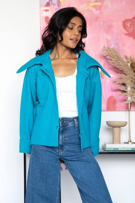 Buy Rhe-Ana Blue 80% Wool Blend Plain Spread Collar Goya Short Jacket Online at Aza Fashions Buy_Rhe-Ana_Blue 80% Wool Blend Plain Spread Collar Goya Short Jacket _Online_at_Aza_Fashions