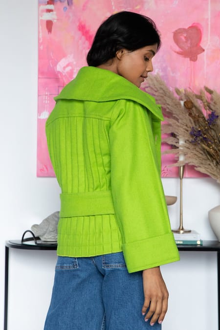 Shop Rhe-Ana Green 80% Wool Blend Plain Spread Collar Goya Short Jacket at Aza Fashions Shop_Rhe-Ana_Green 80% Wool Blend Plain Spread Collar Goya Short Jacket _at_Aza_Fashions