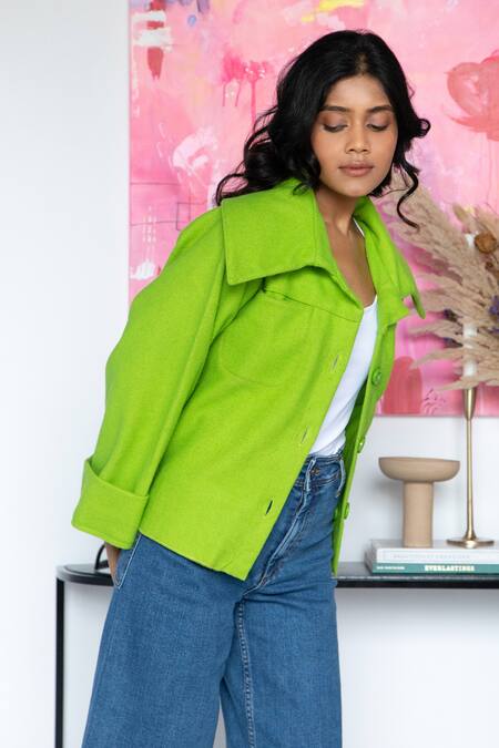 Rhe-Ana Green 80% Wool Blend Plain Spread Collar Goya Short Jacket Online at Aza Fashions Rhe-Ana_Green 80% Wool Blend Plain Spread Collar Goya Short Jacket _Online_at_Aza_Fashions
