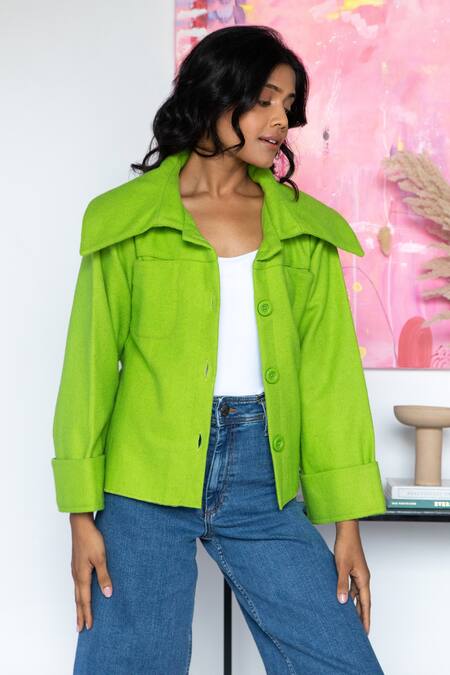 Buy Rhe-Ana Green 80% Wool Blend Plain Spread Collar Goya Short Jacket Online at Aza Fashions Buy_Rhe-Ana_Green 80% Wool Blend Plain Spread Collar Goya Short Jacket _Online_at_Aza_Fashions
