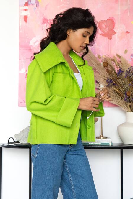 Shop Rhe-Ana Green 80% Wool Blend Plain Spread Collar Goya Short Jacket Online at Aza Fashions Shop_Rhe-Ana_Green 80% Wool Blend Plain Spread Collar Goya Short Jacket _Online_at_Aza_Fashions