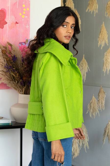 Rhe-Ana Green 80% Wool Blend Plain Spread Collar Goya Short Jacket at Aza Fashions Rhe-Ana_Green 80% Wool Blend Plain Spread Collar Goya Short Jacket _at_Aza_Fashions