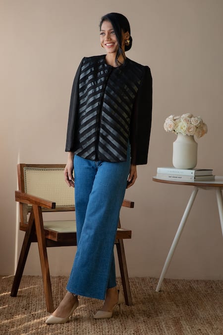 Shop Rhe-Ana Black Lining 100% Poly, Poly/pu Chevron Round Embellished Cape at Aza Fashions Shop_Rhe-Ana_Black Lining 100% Poly, Poly/pu Chevron Round Embellished Cape _at_Aza_Fashions