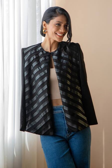 Buy Rhe-Ana Black Lining 100% Poly, Poly/pu Chevron Round Embellished Cape Online at Aza Fashions Buy_Rhe-Ana_Black Lining 100% Poly, Poly/pu Chevron Round Embellished Cape _Online_at_Aza_Fashions