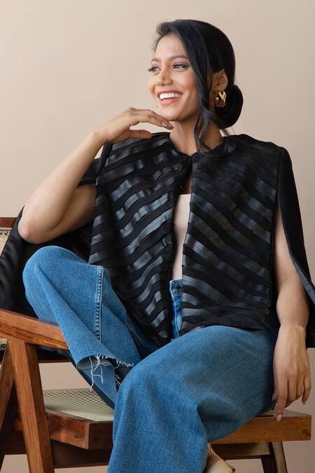 Rhe-Ana Black Lining 100% Poly, Poly/pu Chevron Round Embellished Cape at Aza Fashions Rhe-Ana_Black Lining 100% Poly, Poly/pu Chevron Round Embellished Cape _at_Aza_Fashions