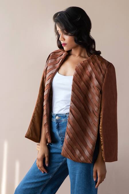 Rhe-Ana Brown Lining 100% Poly, Poly/pu Chevron Round Embellished Cape Online at Aza Fashions Rhe-Ana_Brown Lining 100% Poly, Poly/pu Chevron Round Embellished Cape _Online_at_Aza_Fashions