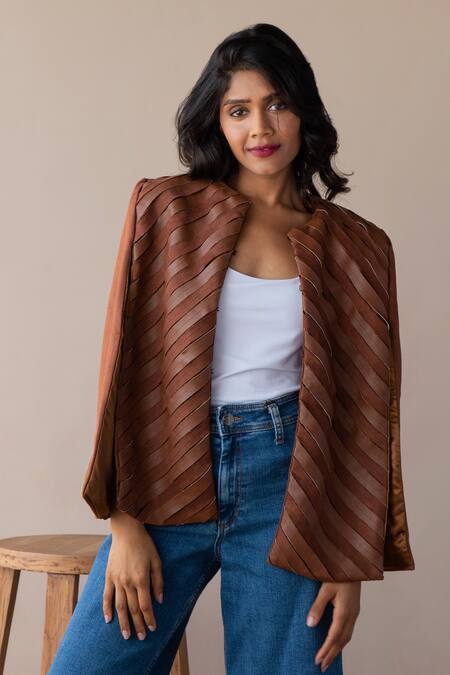 Buy Rhe-Ana Brown Lining 100% Poly, Poly/pu Chevron Round Embellished Cape Online at Aza Fashions Buy_Rhe-Ana_Brown Lining 100% Poly, Poly/pu Chevron Round Embellished Cape _Online_at_Aza_Fashions