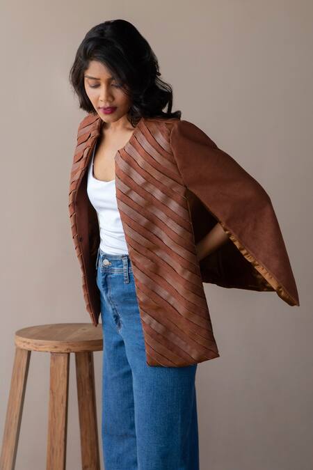 Shop Rhe-Ana Brown Lining 100% Poly, Poly/pu Chevron Round Embellished Cape Online at Aza Fashions Shop_Rhe-Ana_Brown Lining 100% Poly, Poly/pu Chevron Round Embellished Cape _Online_at_Aza_Fashions