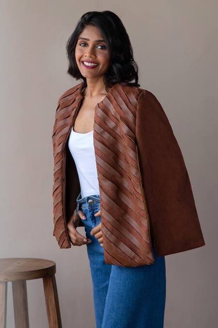 Rhe-Ana Brown Lining 100% Poly, Poly/pu Chevron Round Embellished Cape at Aza Fashions Rhe-Ana_Brown Lining 100% Poly, Poly/pu Chevron Round Embellished Cape _at_Aza_Fashions