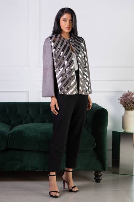Shop Rhe-Ana Grey Lining 100% Poly, Poly/pu Chevron Round Embellished Cape at Aza Fashions Shop_Rhe-Ana_Grey Lining 100% Poly, Poly/pu Chevron Round Embellished Cape _at_Aza_Fashions