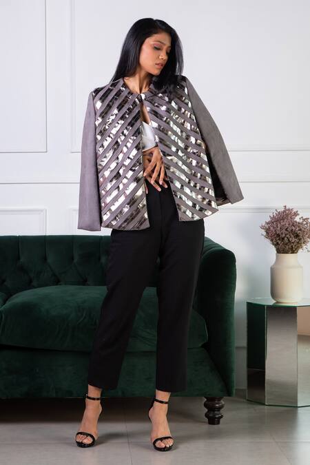 Rhe-Ana Grey Lining 100% Poly, Poly/pu Chevron Round Embellished Cape Online at Aza Fashions Rhe-Ana_Grey Lining 100% Poly, Poly/pu Chevron Round Embellished Cape _Online_at_Aza_Fashions