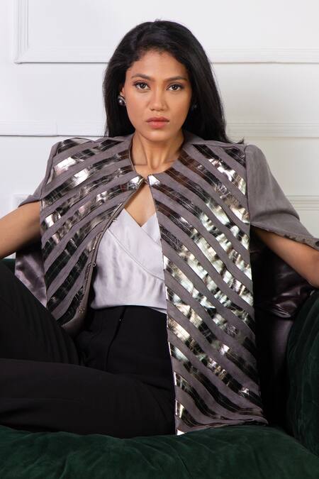 Buy Rhe-Ana Grey Lining 100% Poly, Poly/pu Chevron Round Embellished Cape Online at Aza Fashions Buy_Rhe-Ana_Grey Lining 100% Poly, Poly/pu Chevron Round Embellished Cape _Online_at_Aza_Fashions