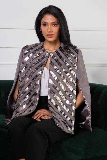 Shop Rhe-Ana Grey Lining 100% Poly, Poly/pu Chevron Round Embellished Cape Online at Aza Fashions Shop_Rhe-Ana_Grey Lining 100% Poly, Poly/pu Chevron Round Embellished Cape _Online_at_Aza_Fashions