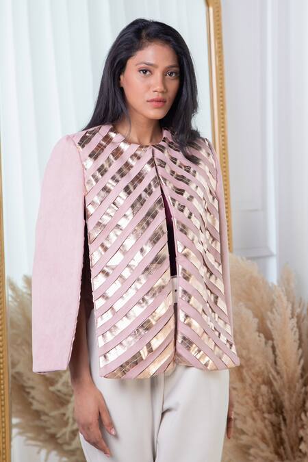 Buy Rhe-Ana Pink Lining 100% Poly, Poly/pu Chevron Round Embellished Cape Online at Aza Fashions Buy_Rhe-Ana_Pink Lining 100% Poly, Poly/pu Chevron Round Embellished Cape _Online_at_Aza_Fashions