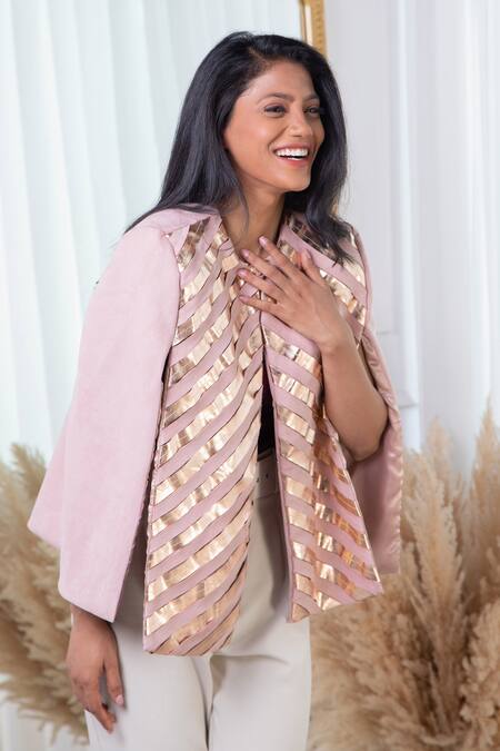 Shop Rhe-Ana Pink Lining 100% Poly, Poly/pu Chevron Round Embellished Cape Online at Aza Fashions Shop_Rhe-Ana_Pink Lining 100% Poly, Poly/pu Chevron Round Embellished Cape _Online_at_Aza_Fashions
