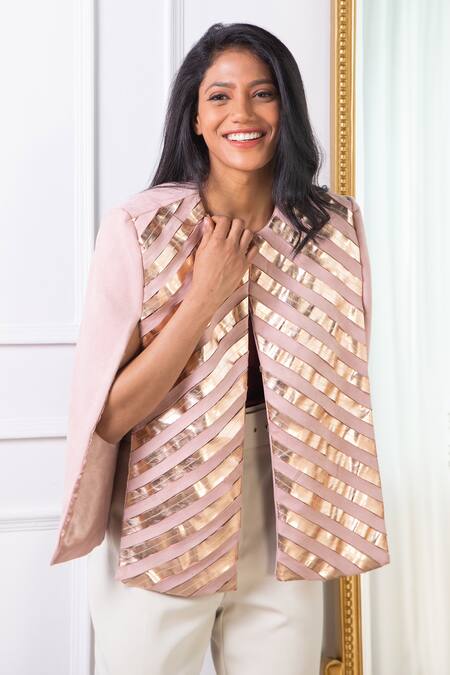 Rhe-Ana Pink Lining 100% Poly, Poly/pu Chevron Round Embellished Cape at Aza Fashions Rhe-Ana_Pink Lining 100% Poly, Poly/pu Chevron Round Embellished Cape _at_Aza_Fashions