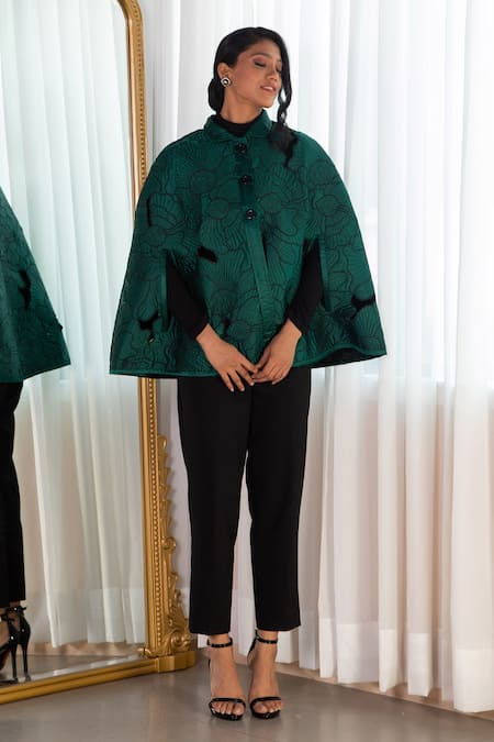 Rhe-Ana Green 100% Polyester Quilted Shirt Collar Anna Pattern Cape  