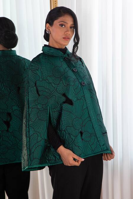 Buy Rhe-Ana Green 100% Polyester Quilted Shirt Collar Anna Pattern Cape Online at Aza Fashions Buy_Rhe-Ana_Green 100% Polyester Quilted Shirt Collar Anna Pattern Cape _Online_at_Aza_Fashions