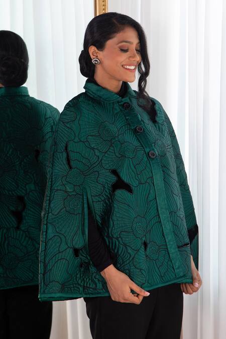 Shop Rhe-Ana Green 100% Polyester Quilted Shirt Collar Anna Pattern Cape Online at Aza Fashions Shop_Rhe-Ana_Green 100% Polyester Quilted Shirt Collar Anna Pattern Cape _Online_at_Aza_Fashions