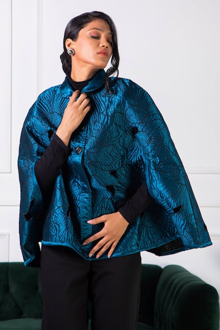 Shop_Rhe-Ana_Blue 100% Polyester Quilted Shirt Collar Anna Pattern Cape _at_Aza_Fashions