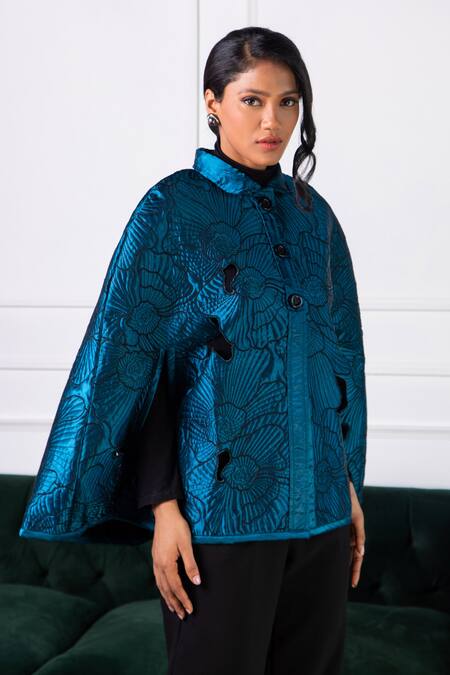 Buy_Rhe-Ana_Blue 100% Polyester Quilted Shirt Collar Anna Pattern Cape _Online_at_Aza_Fashions