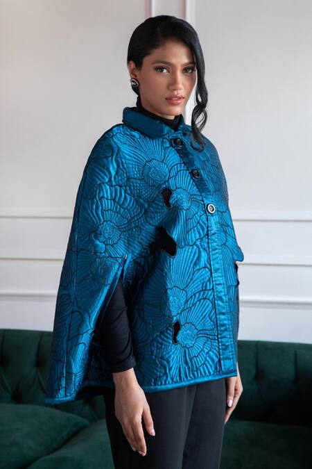 Rhe-Ana_Blue 100% Polyester Quilted Shirt Collar Anna Pattern Cape _at_Aza_Fashions
