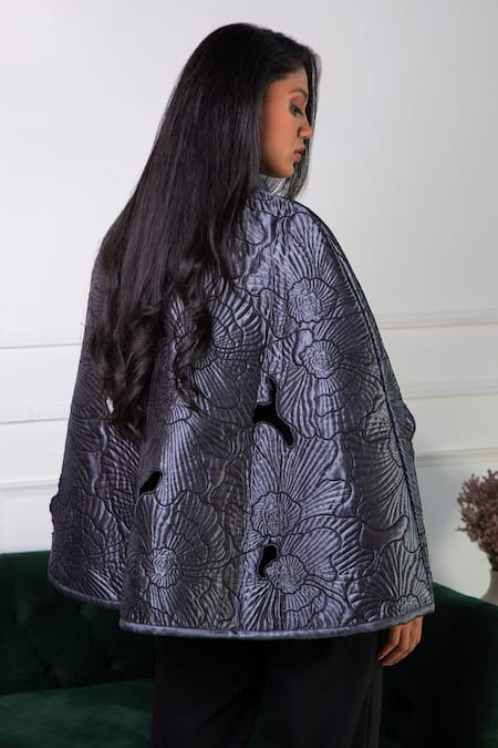 Shop Rhe-Ana Grey 100% Polyester Quilted Shirt Collar Anna Pattern Cape at Aza Fashions Shop_Rhe-Ana_Grey 100% Polyester Quilted Shirt Collar Anna Pattern Cape _at_Aza_Fashions