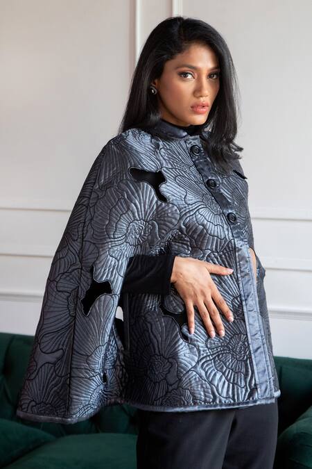 Shop Rhe-Ana Grey 100% Polyester Quilted Shirt Collar Anna Pattern Cape Online at Aza Fashions Shop_Rhe-Ana_Grey 100% Polyester Quilted Shirt Collar Anna Pattern Cape _Online_at_Aza_Fashions