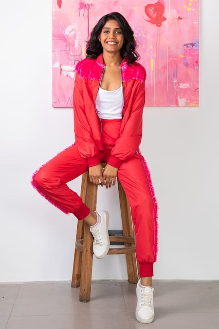 Rhe-Ana Red 100% Polyester Embellished Fur Open Midge Jacket And Joggers Set  