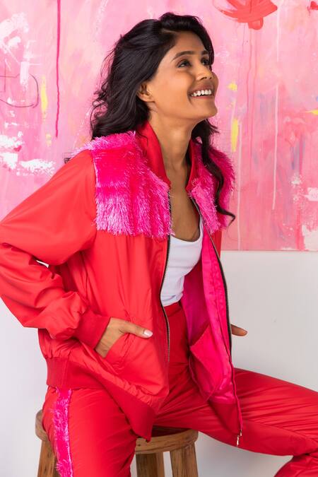 Shop_Rhe-Ana_Red 100% Polyester Fur Open Midge Embellished Jacket And Joggers Set _Online_at_Aza_Fashions