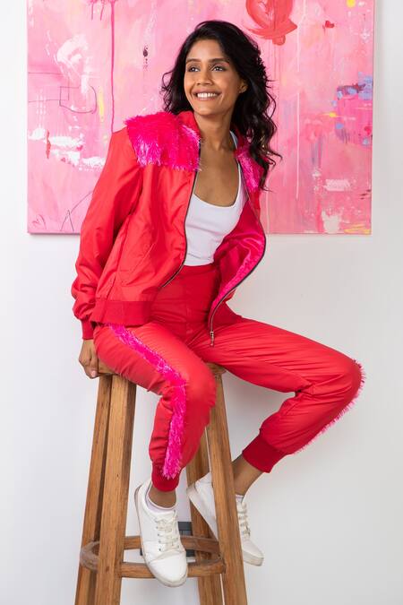 Rhe-Ana_Red 100% Polyester Fur Open Midge Embellished Jacket And Joggers Set _at_Aza_Fashions
