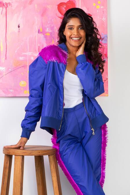 Buy_Rhe-Ana_Blue 100% Polyester Fur Open Midge Embellished Jacket And Joggers Set _Online_at_Aza_Fashions