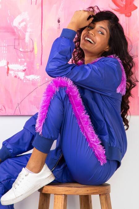 Shop_Rhe-Ana_Blue 100% Polyester Fur Open Midge Embellished Jacket And Joggers Set _Online_at_Aza_Fashions