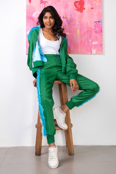 Rhe-Ana_Green 100% Polyester Fur Open Midge Embellished Jacket And Joggers Set _Online_at_Aza_Fashions