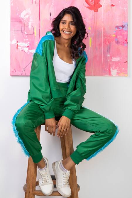 Shop_Rhe-Ana_Green 100% Polyester Fur Open Midge Embellished Jacket And Joggers Set _Online_at_Aza_Fashions