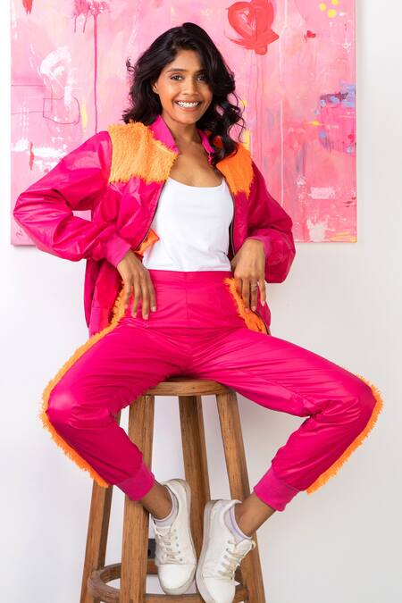 Rhe-Ana Pink 100% Polyester Fur Open Midge Embellished Jacket And Joggers Set Online at Aza Fashions Rhe-Ana_Pink 100% Polyester Fur Open Midge Embellished Jacket And Joggers Set _Online_at_Aza_Fashions