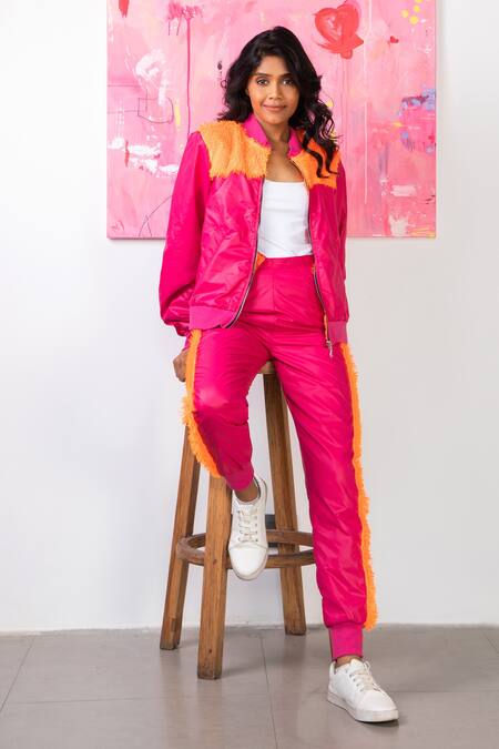 Buy Rhe-Ana Pink 100% Polyester Fur Open Midge Embellished Jacket And Joggers Set Online at Aza Fashions Buy_Rhe-Ana_Pink 100% Polyester Fur Open Midge Embellished Jacket And Joggers Set _Online_at_Aza_Fashions