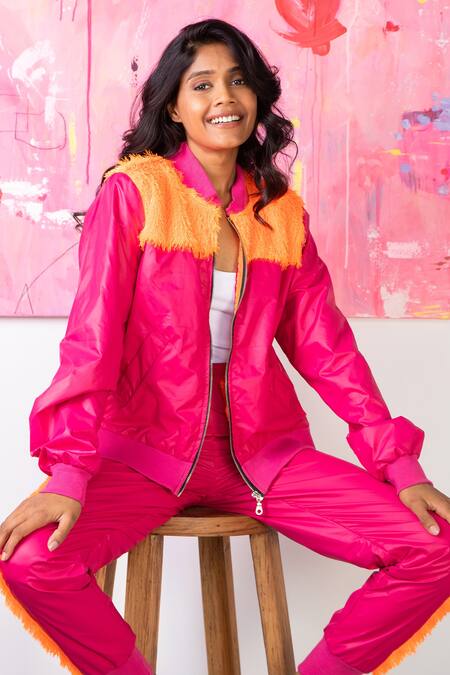 Rhe-Ana Pink 100% Polyester Fur Open Midge Embellished Jacket And Joggers Set at Aza Fashions Rhe-Ana_Pink 100% Polyester Fur Open Midge Embellished Jacket And Joggers Set _at_Aza_Fashions