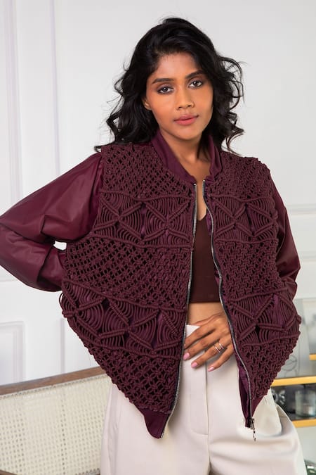 Shop Rhe-Ana Brown Cotton, Polyester Macrame Open Tammy Jacket at Aza Fashions Shop_Rhe-Ana_Brown Cotton, Polyester Macrame Open Tammy Jacket _at_Aza_Fashions