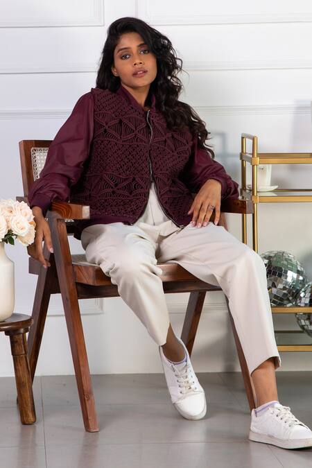 Shop Rhe-Ana Brown Cotton, Polyester Macrame Open Tammy Jacket Online at Aza Fashions Shop_Rhe-Ana_Brown Cotton, Polyester Macrame Open Tammy Jacket _Online_at_Aza_Fashions